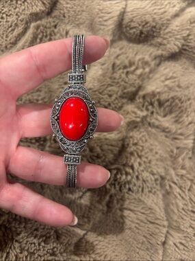 Silver-Tone Bracelet with Red Cabochon Center